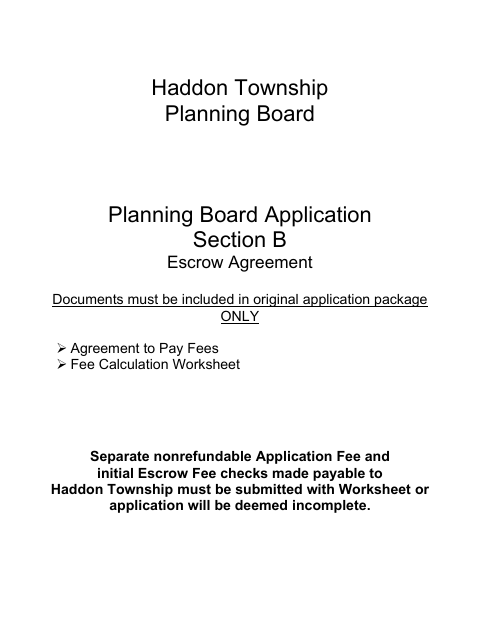 First page of the Planning Board Escrow Agreement and Fee Worksheet