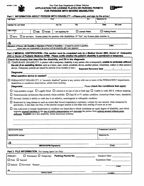 First page of the Application for License Plates or Parking Permits for Persons With Severe Disabilities