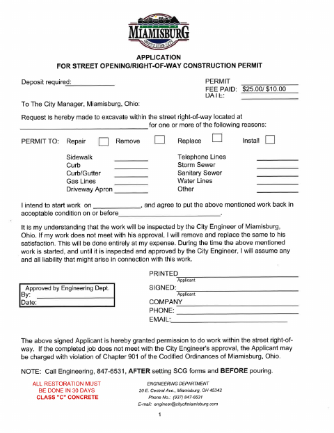 First page of the Right-of-Way Permit (Street Opening Permit)