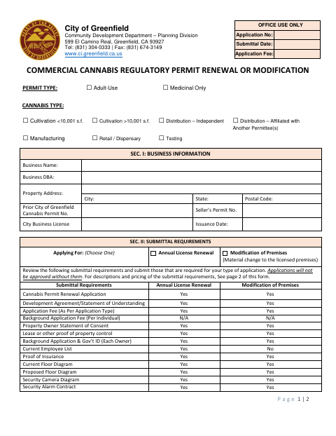 First page of the Commercial Cannabis Regulatory Permit Renewal or Modification