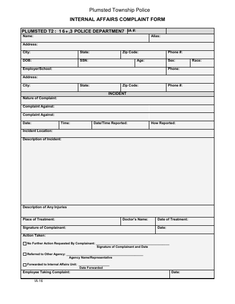 First page of the Internal Affairs Complaint Form