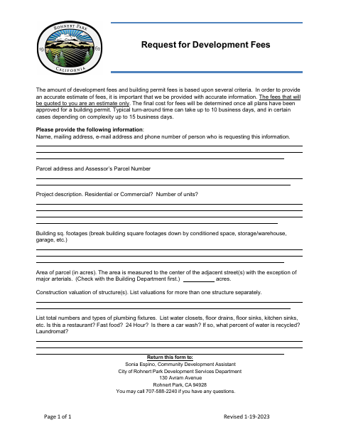 First page of the Request for Development Fees