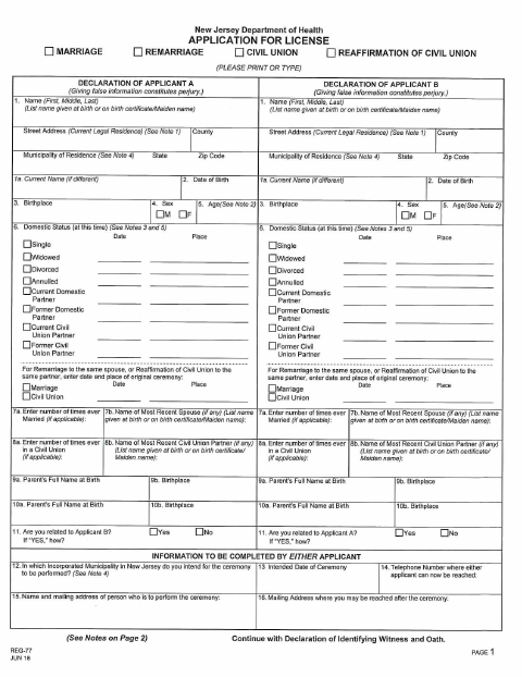 First page of the Marriage License Application