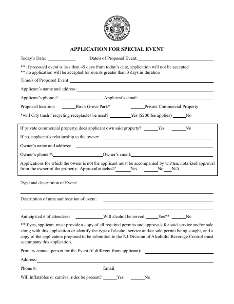 First page of the Special Event Permit Application