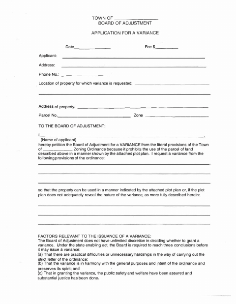 First page of the Board of Adjustment Variance Application