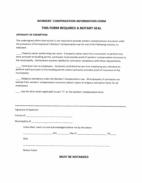 First page of the Workers’ Compensation Exemption Affidavit
