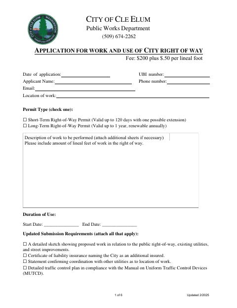 First page of the Application for Work and Use of City Right-of-Way