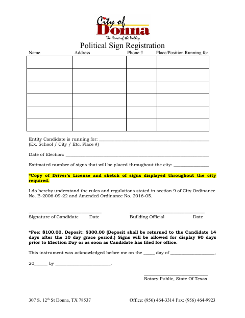 First page of the Political Sign Registration Application