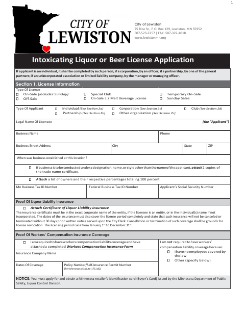 First page of the Intoxicating Liquor or Beer License Application