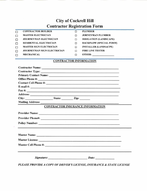First page of the Contractor Registration Form