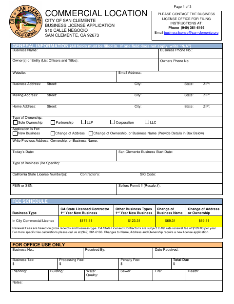 First page of the Commercial Location Business License Application