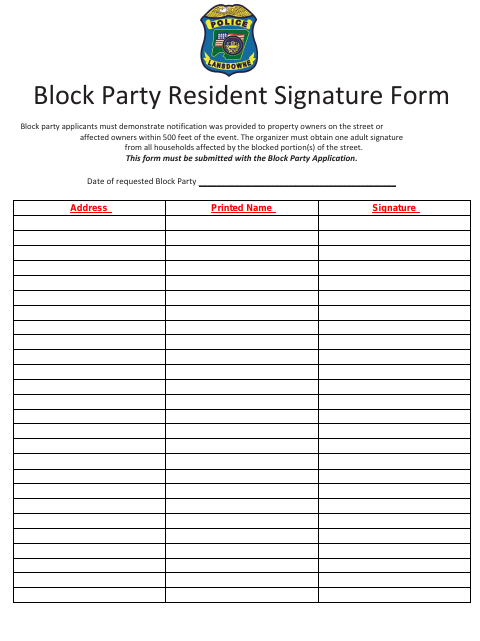 First page of the Block Party Resident Signature Form