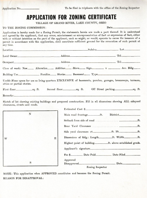 First page of the Application for Zoning Certificate