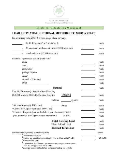 First page of the Electrical Load Calculation