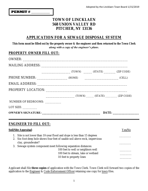 First page of the Application for a Sewage Disposal System