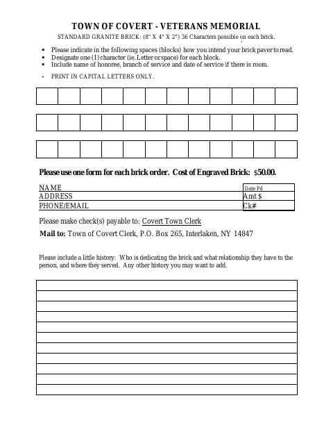 First page of the Veterans Memorial Standard Granite Brick Order Form