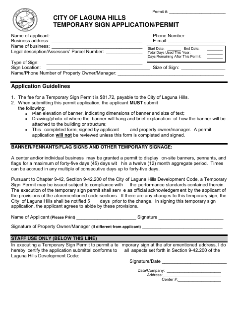 First page of the Temporary Sign Application/Permit