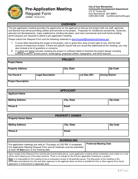 First page of the Pre-Application Meeting Request Form