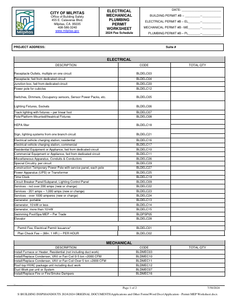 First page of the Electrical Mechanical Plumbing Permit Worksheet