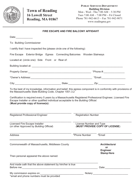 First page of the Fire Escape and Fire Balcony Affidavit