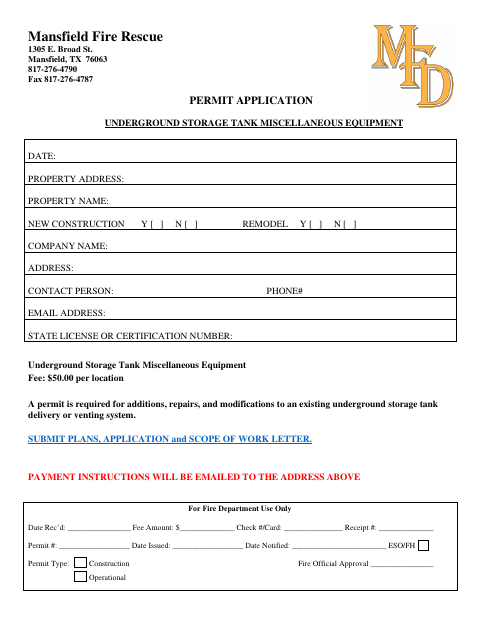 First page of the Underground Storage Tank Miscellaneous Equipment Permit Application