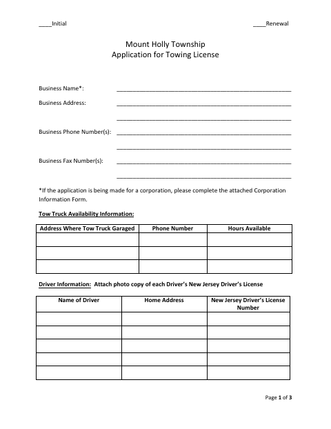 First page of the Towing License Application