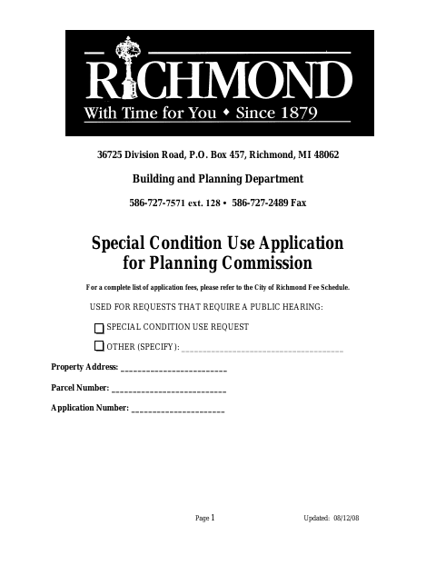 First page of the Special Condition Use Application