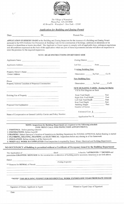 First page of the Application for Building and Zoning Permit