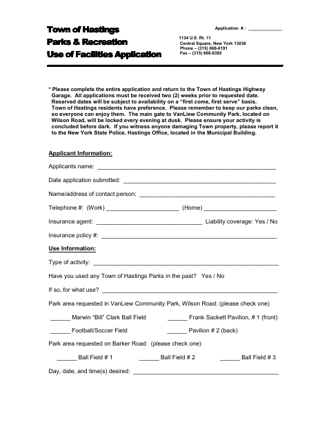 First page of the Parks & Recreation Use of Facilities Application