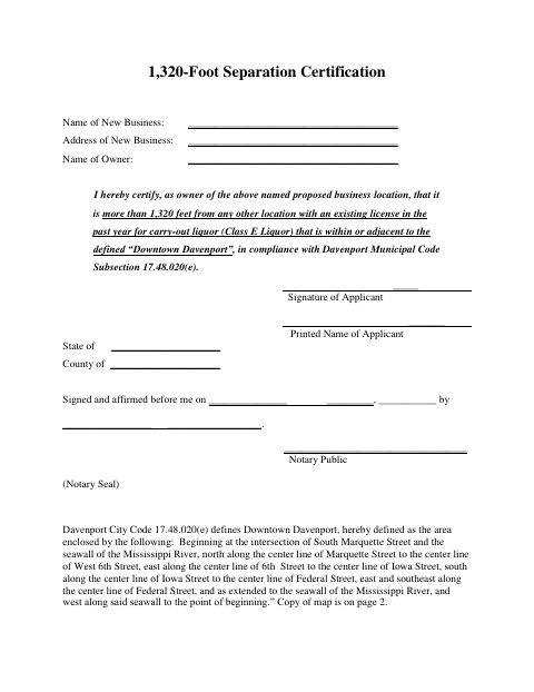 First page of the 1,320-Foot Separation Certification