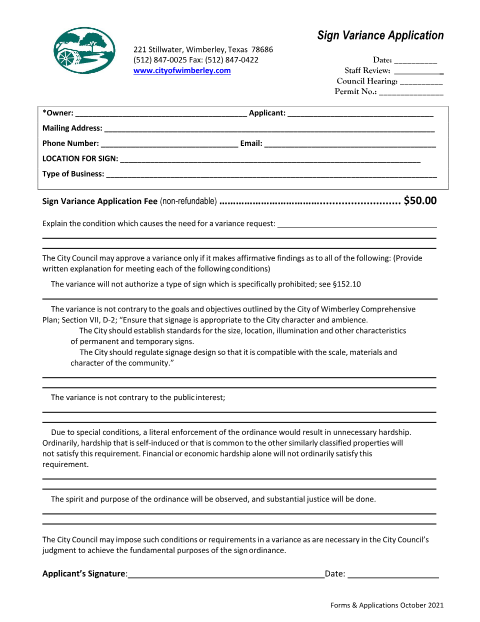 First page of the Sign Variance Application