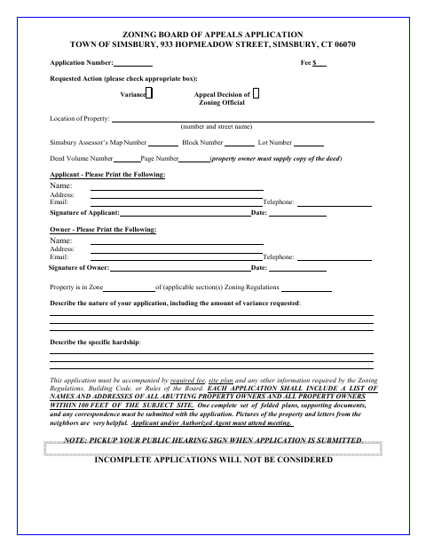 First page of the Zoning Board of Appeals Application