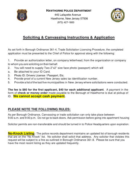 First page of the Application for Permit to Solicit, Canvass or Survey