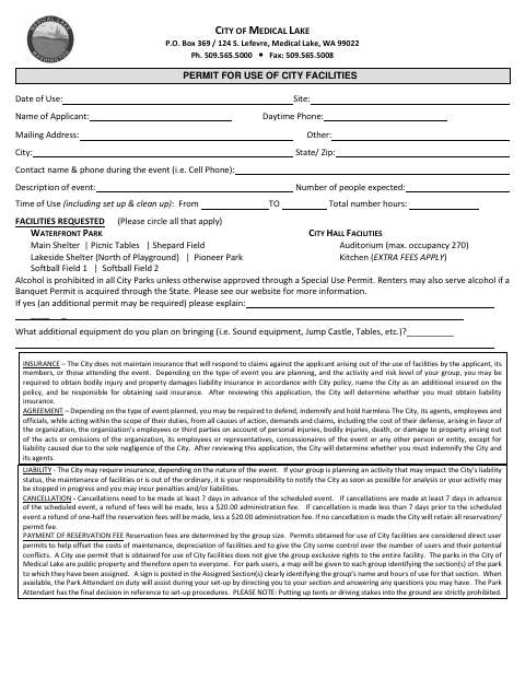 First page of the Permit for Use of City Facilities