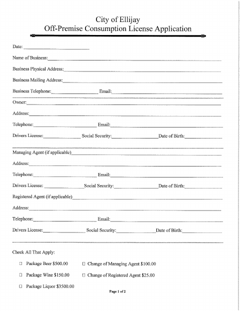 First page of the Off-Premise Consumption License Application