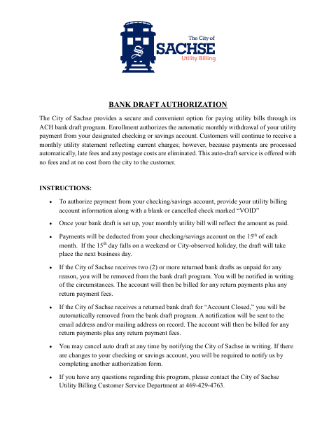 First page of the Bank Draft Authorization Form