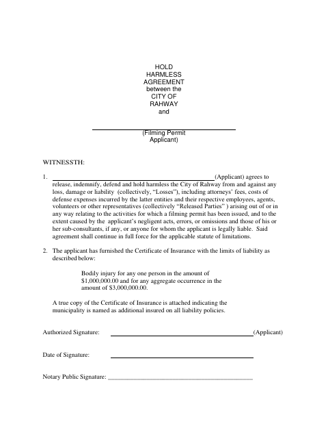 First page of the Hold Harmless Agreement for Filming Permit