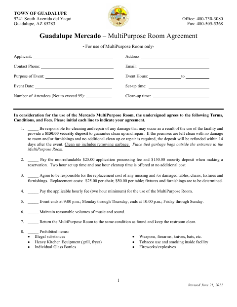 First page of the Mercado Multi-Purpose Room Rental Agreement