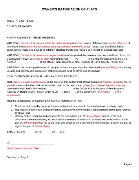 First page of the Owner’s Ratification of Plat