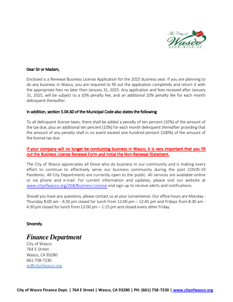 First page of the Business License Renewal Application