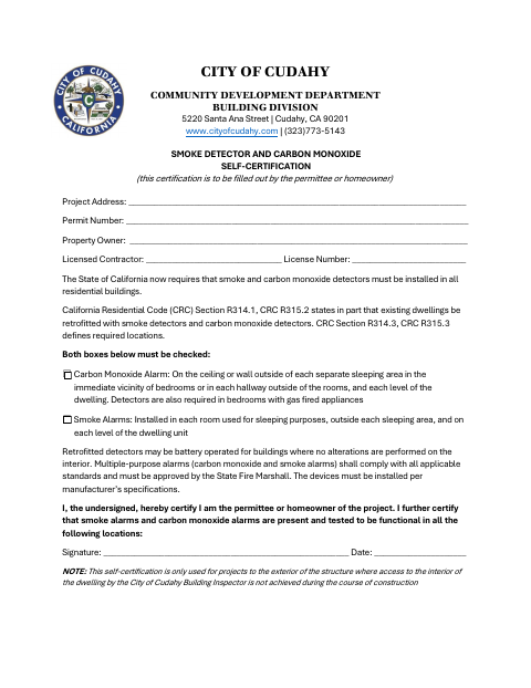 First page of the Smoke Detector and Carbon Monoxide Self-Certification