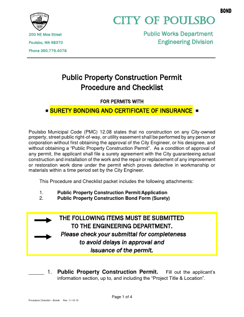 First page of the Public Property Construction Permit and Bond