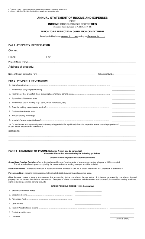 First page of the Annual Statement of Income and Expenses for Income Producing Properties