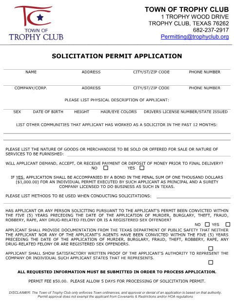 First page of the Solicitation Permit Application