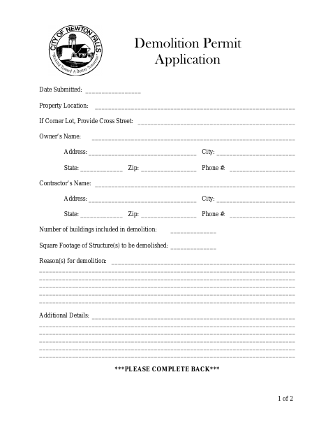 First page of the Demolition Permit Application