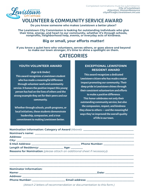 First page of the Volunteer and Community Service Award Nomination Form