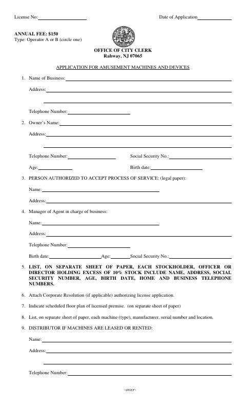 First page of the Amusement Machine License Operator Application