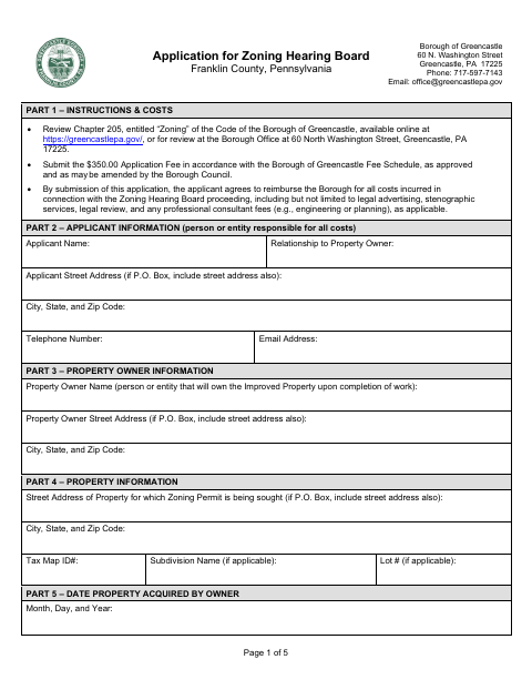 First page of the Zoning Hearing Board Application Form