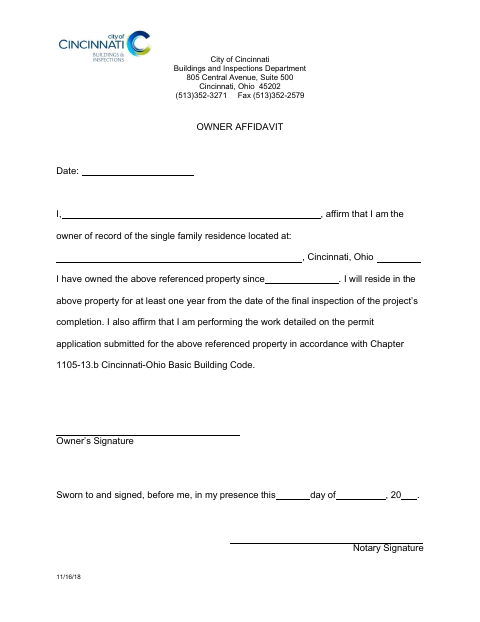 First page of the Owner Affidavit