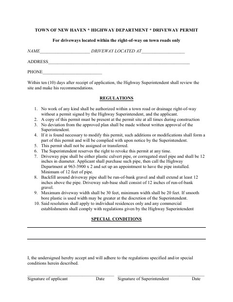 First page of the Driveway Permit